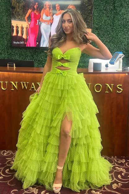 Tulle A-Line Strapless Tiered Party Dress With Slit
