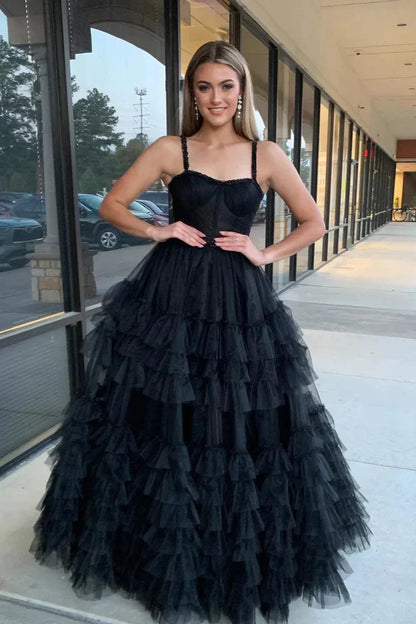 Pink Tulle A-Line Spaghetti Straps Empire Tiered Party Prom Dress