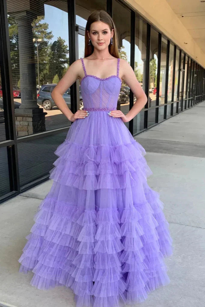 Pink Tulle A-Line Spaghetti Straps Empire Tiered Party Prom Dress