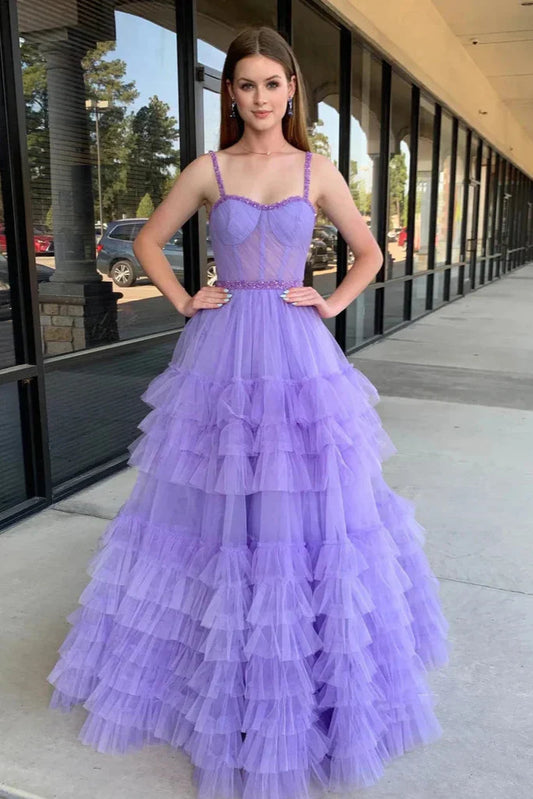 Pink Tulle A-Line Spaghetti Straps Empire Tiered Party Prom Dress
