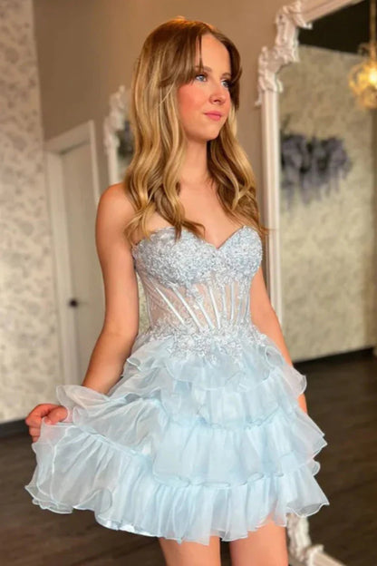 Tulle A-Line Sweetheart Strapless Appliques Sheer Homecoming Dress