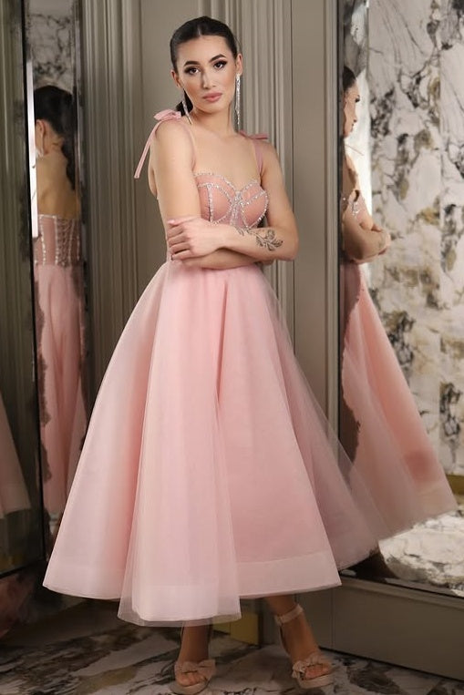 Tulle A-Line Sweetheart Straps Beaded Pink Party Prom Dress