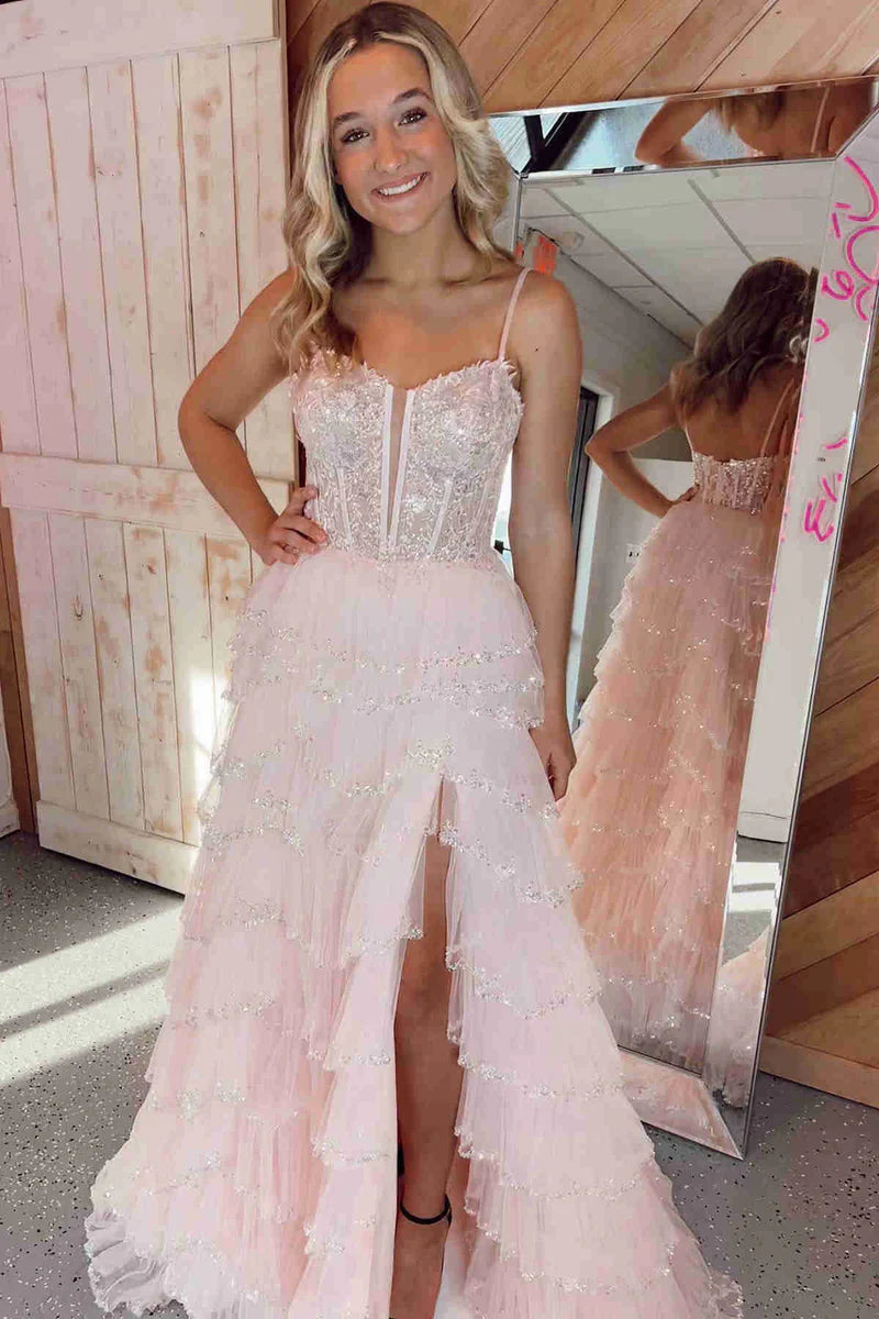 Tulle A-Line Tiered Appliques With Side Slit Prom Dress