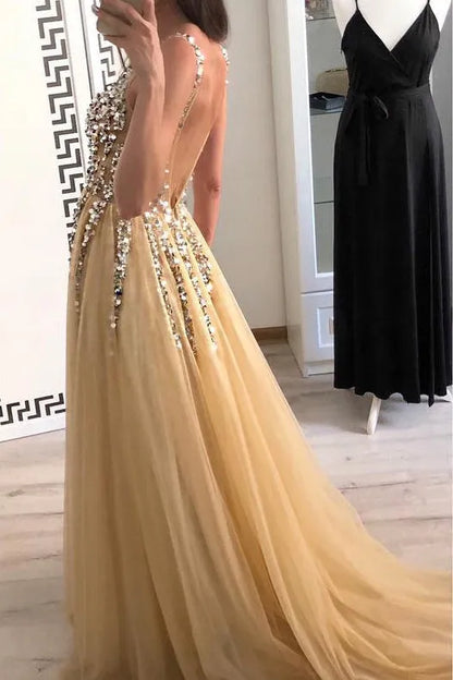 Tulle A-Line V-Neck Backless Appliques Party Prom Dress