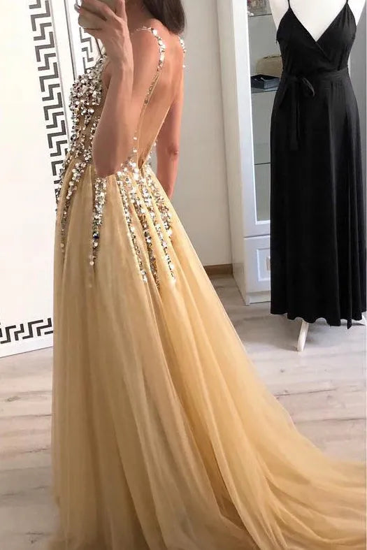 Tulle A-Line V-Neck Backless Appliques Party Prom Dress