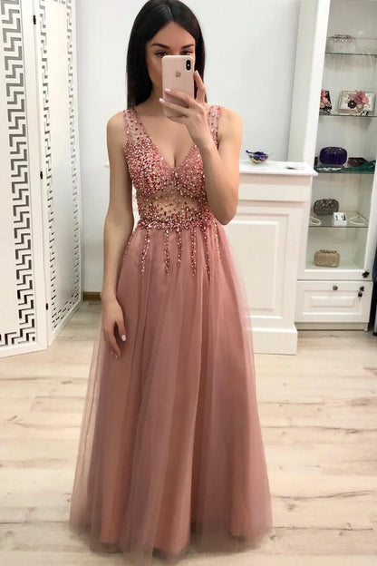 Tulle A-Line V-Neck Backless Appliques Party Prom Dress