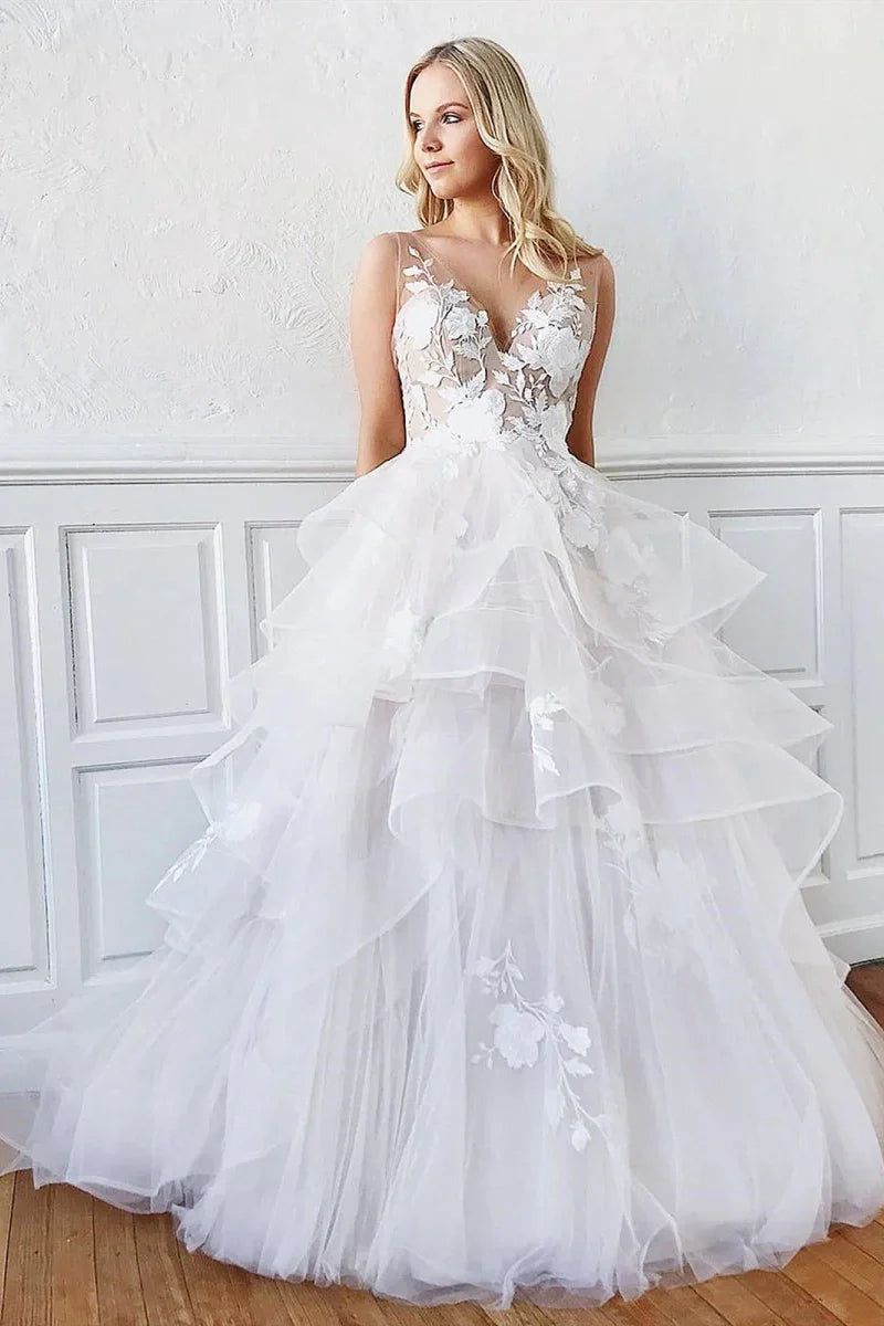 Tulle A-Line V-Neck Sleeveless Appliques Tiered Wedding Dress