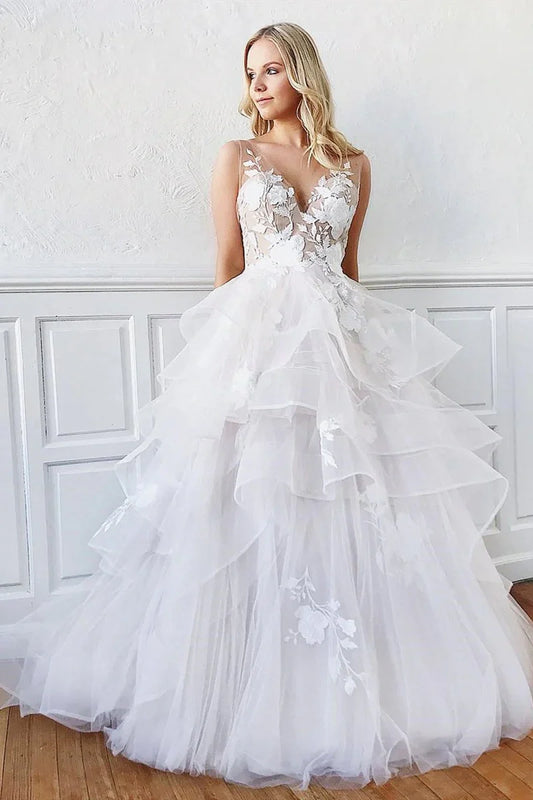 Tulle A-Line V-Neck Sleeveless Appliques Tiered Wedding Dress