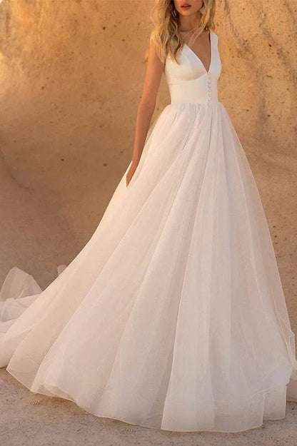 Tulle A-Line V-Neck Sleeveless Beach Wedding Dress