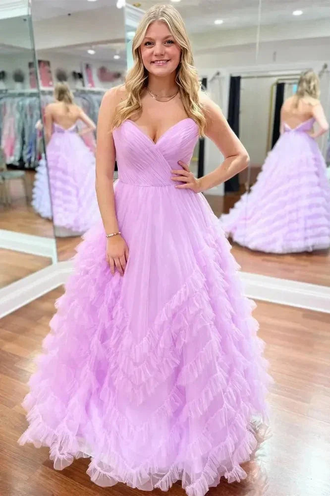 Tulle A-Line V-Neck Spaghetti Straps Tiered Party Prom Dress
