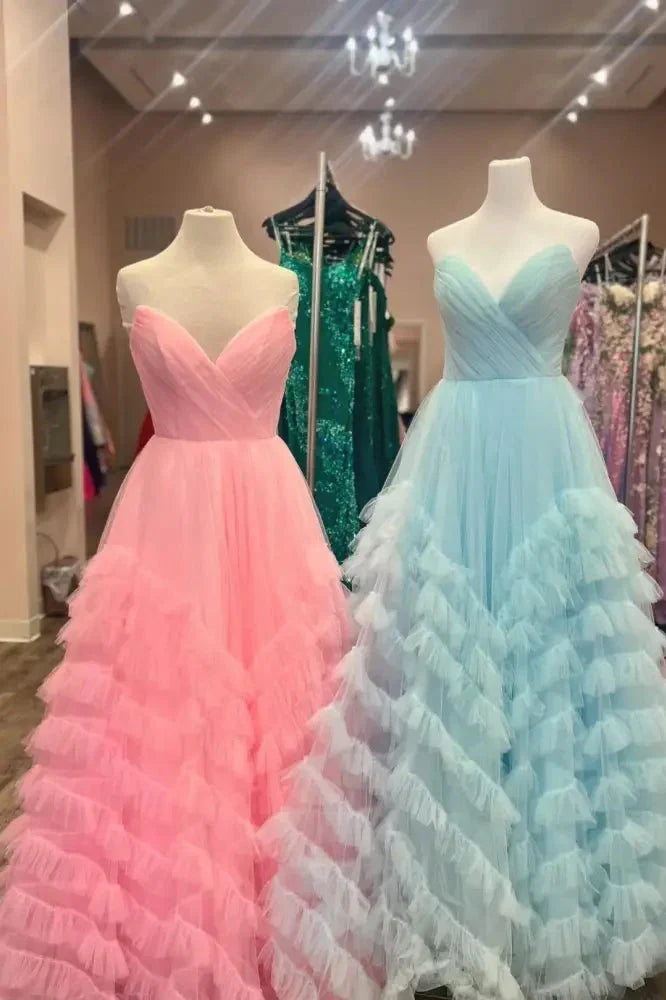 Tulle A-Line V-Neck Spaghetti Straps Tiered Party Prom Dress