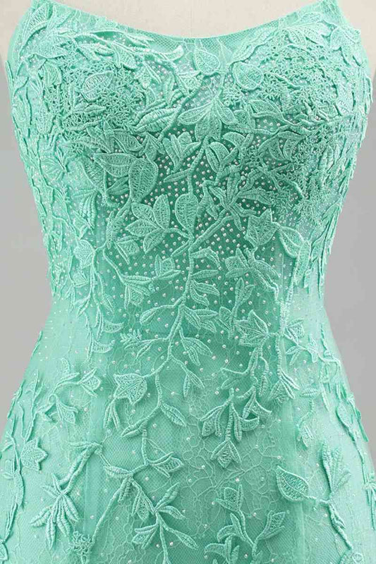 Turquoise Straps Appliques Tulle Mermaid Prom Dress