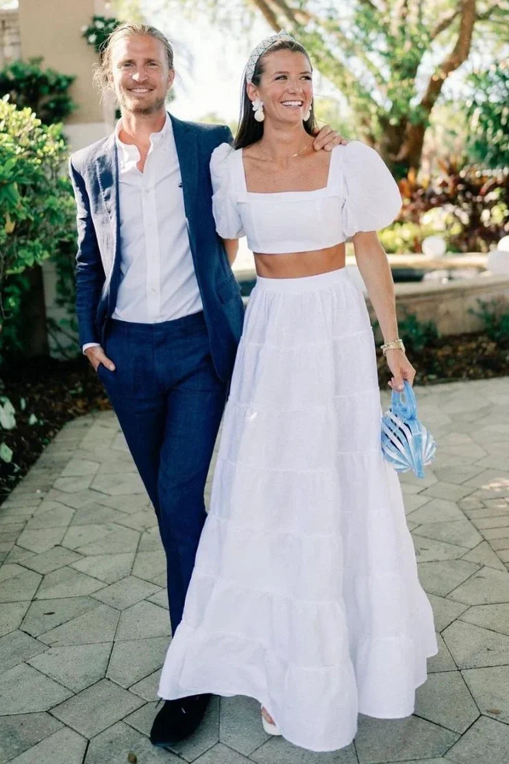 Two Piece Square Short Sleeves A-Line Wedding Dress