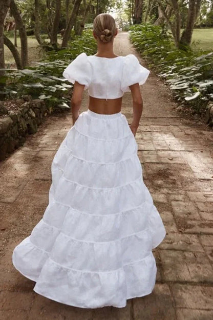Two Piece Square Short Sleeves A-Line Wedding Dress
