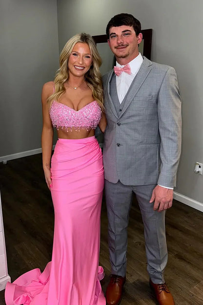 Two Pieces V-Neck Mermaid Party Prom Dress With Train