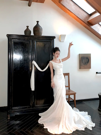 Elegant Mermaid Straps White Satin Long Sweep Party Dress Wedding Dress SH2950
