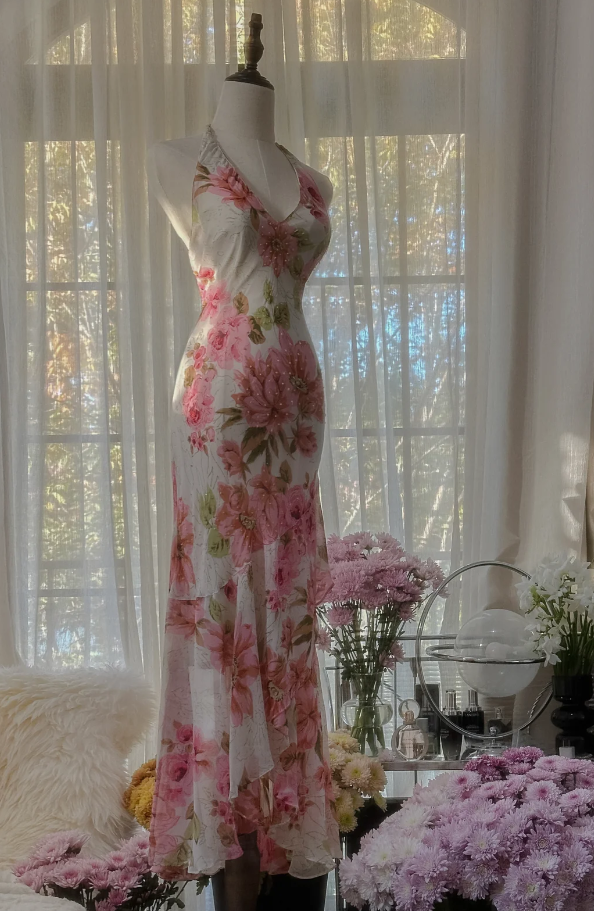 Pretty Halter V Neck Chiffon Print Floral Beaded Mermaid Long Party Dress Formal Wedding Guest Dress D2101