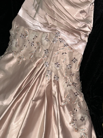 Gorgeous Mermaid Sweetheart Neck Beaded Pleated Champagne Satin Long Prom Dress Party Dress SH3048