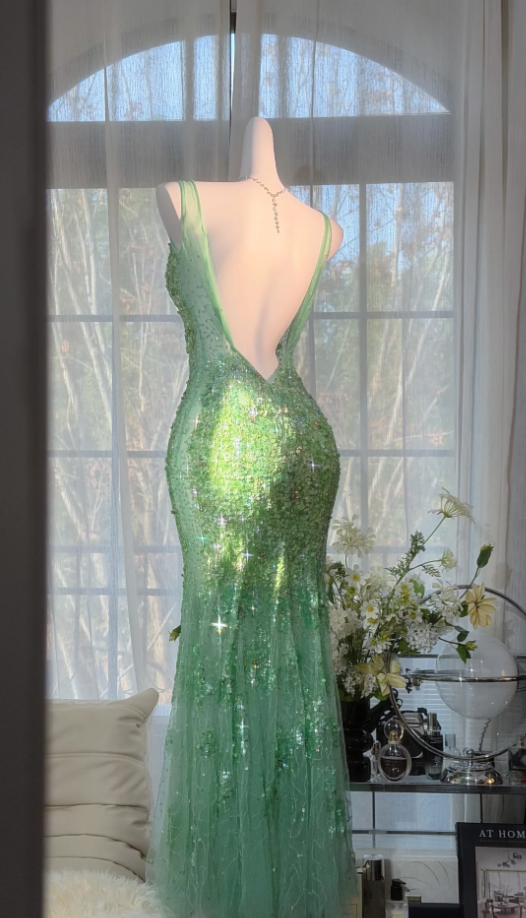 Sparkly Green V Neck Tulle Sequin Beaded Mermaid Long Evening Dress Party Gown D2378