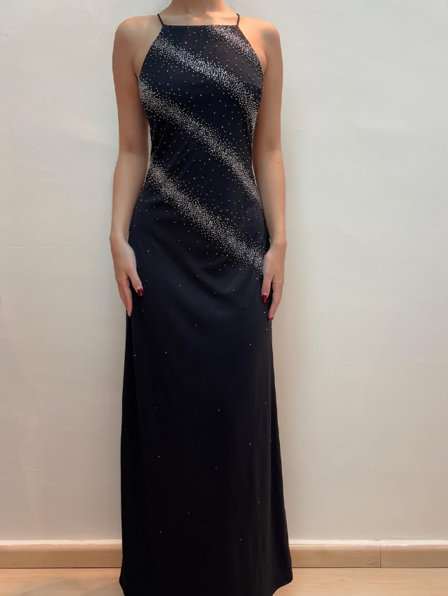 Vintage Sheath Spaghetti Strap Beaded Black Chiffon Prom Dress Evening Dress SH2102
