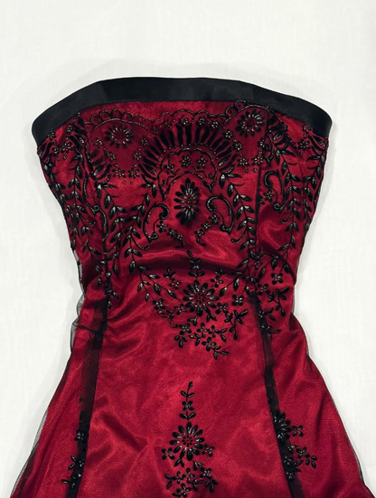 Black Appliques A Line Strapless Black Tulle Burgundy Satin Short Homecoming Dress Birthday Dress Outfits SH3540