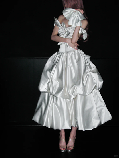 Cute Bow A Line Off the Shoulder Satin Long Prom Dress Party Dress SH4966