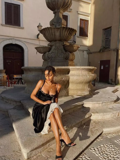 Sexy A Line Spaghetti Strap Lace Black Satin Open Back Prom Dress Evening Dress SH2279