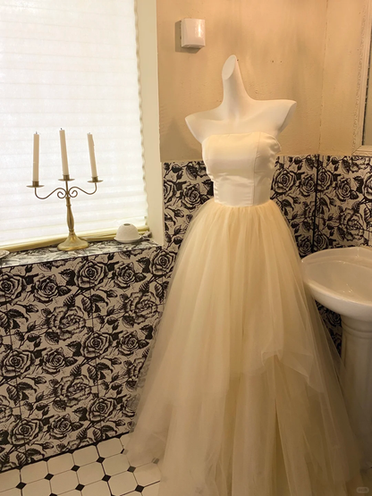 Simple Light Champagne A Line Strapless Satin Tulle Party Dress Prom Dress SH3849