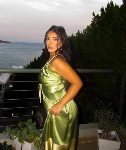 Sexy A Line V Neck Beaded Green Satin Open Back Long Party Dress Evening Dress SH2830