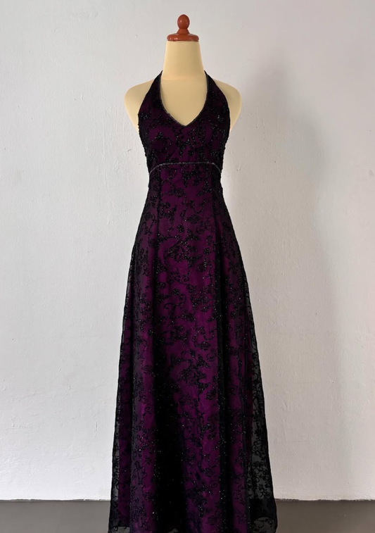 Vintage A Line V Neck Appliques Beads Tulle Satin Prom Dress Evening Dress SH1860