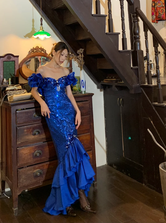 Gorgeous Mermaid Off the Shoulder Blue Sequin Satin Long Prom Dress Evening Dress SH2975