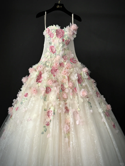 Romantic Pink Floral A Line Sweetheart Neck Tulle Long Prom Dress Gown Dress SH3581