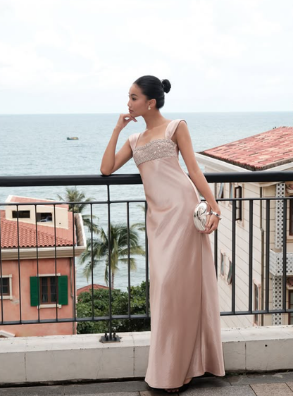 Elegant Blue A Line Straps Beaded Satin Long Prom Dress Date Dress SH5061
