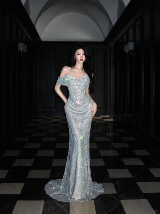 Shiny Mermaid Off the Shoulder Silver Sequin Long Evening Dress Ball Gown SH3489
