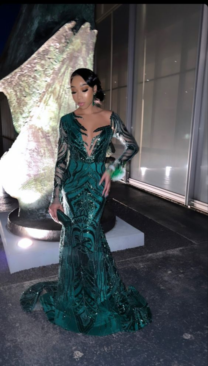 Dark Green Long Sleeves Mermaid Prom Dress SH828