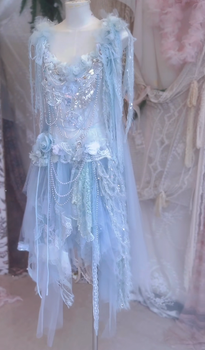 Baby Blue A Line Straps Floral Beaded Tulle Short Prom Dress 16th Birthday Dress SH4263