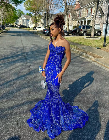 Elegant Royal Blue Sequin Beaded Appliques Mermaid Prom Dress Evening Dress SH982