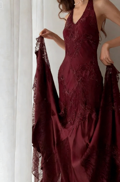Vintage Mermaid Sleeveless Halter Brown Long Prom Dress SH1378
