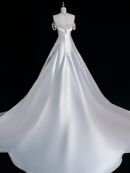 Elegant A Line Spaghetti Strap Beaded  White Satin Wedding Dress Prom Dress SH4112