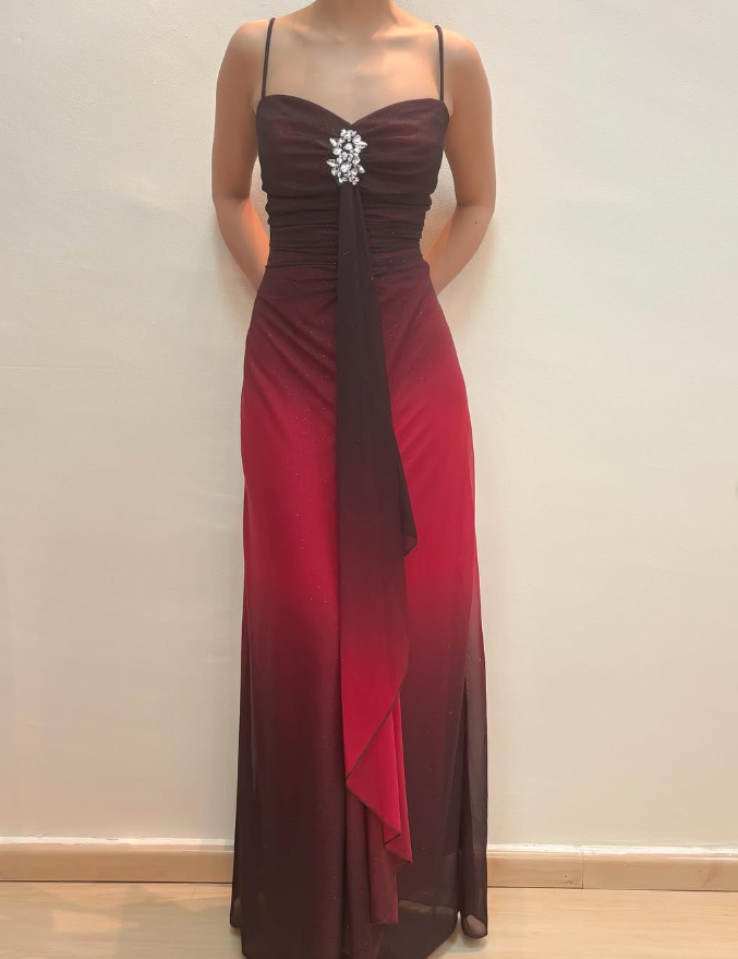 Vintage Sheath Straps Rhinestone Ombre Red Chiffon Prom Dress Evening Dress SH2234