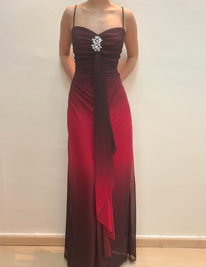 Vintage Sheath Straps Rhinestone Ombre Red Chiffon Prom Dress Evening Dress SH2234