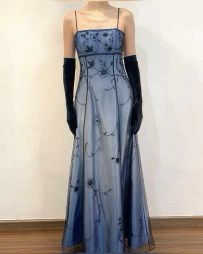 Gorgeous Spaghetti Straps Blue Tulle Beaded Mermaid Eevening Dress Long Birthday Party Gown D1695