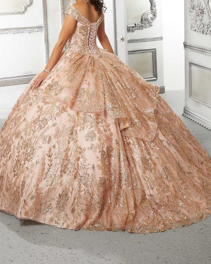 Navy Blue Ball Gown Off the Shoulder Beaded Sequin Tulle Sweet 16 Dress, Quinceanera Dress SH5126