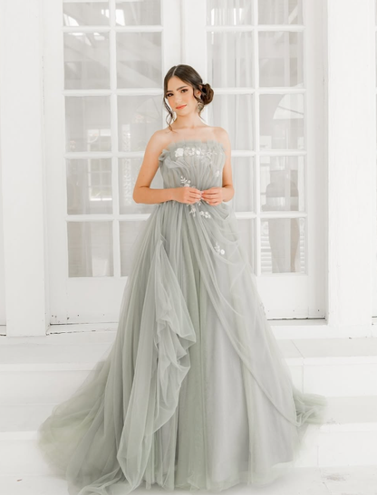 Pretty A Line Strapless Appliques Grey Tulle Long Prom Dress Evening Dress SH2200