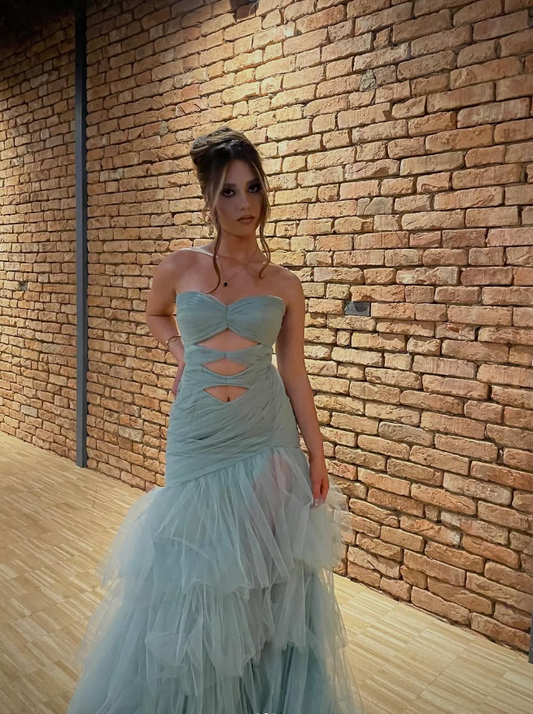 Unique Mermaid Sweetheart Neck Blue Tulle Long Prom Dress Evening Dress SH2271
