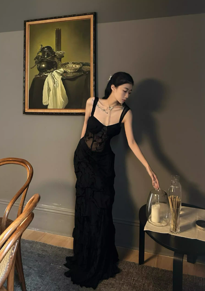 Sexy Black Sheath Straps Lace Chiffon Long Prom Dress Evening Dress SH4391