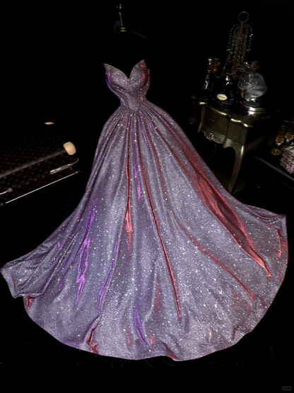 Shiny A Line Sweetheart Neck Purple Sequin Long Sweep Party Dress Evening Dress SH3061