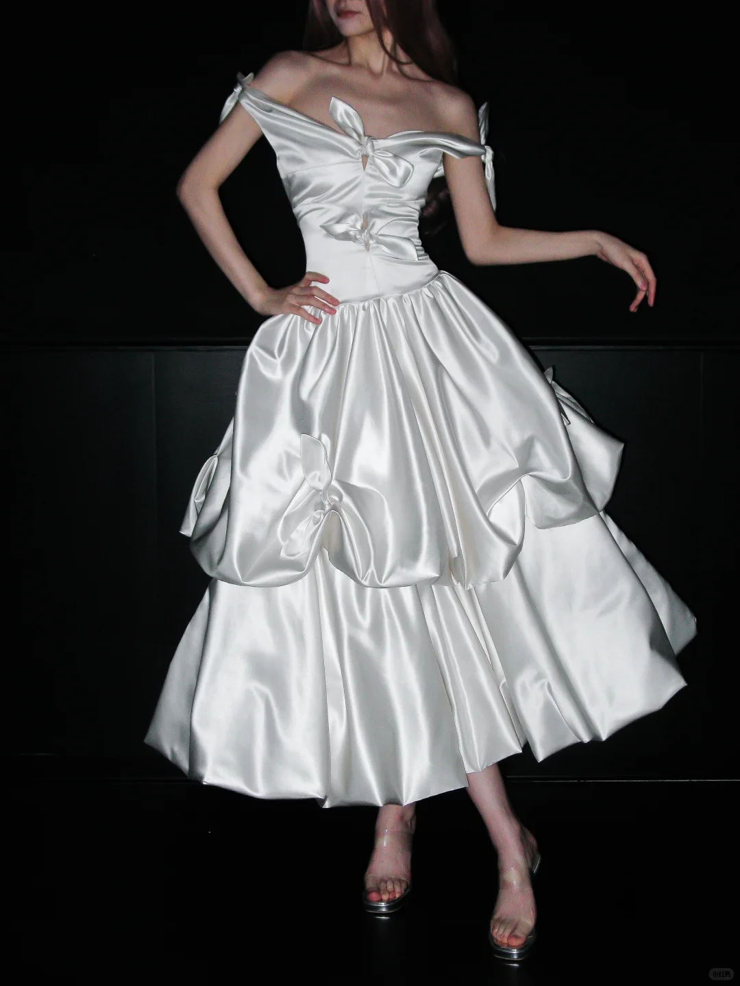 Cute Bow A Line Off the Shoulder Satin Long Prom Dress Party Dress SH4966