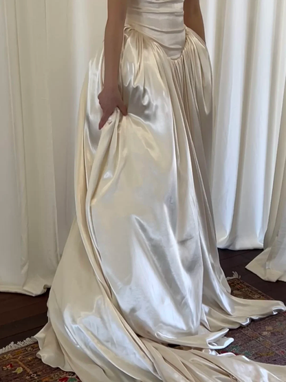 Gentle Vintage Ball Gown Straps Pleated Ivory Satin Wedding Dress SH5075