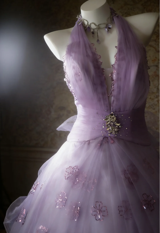 Princess Halter Ball Gown Lavender V Neck Tulle Flowers Sequin Long Birthday Quinceanera Dress Sweet 16 Dress SP1525